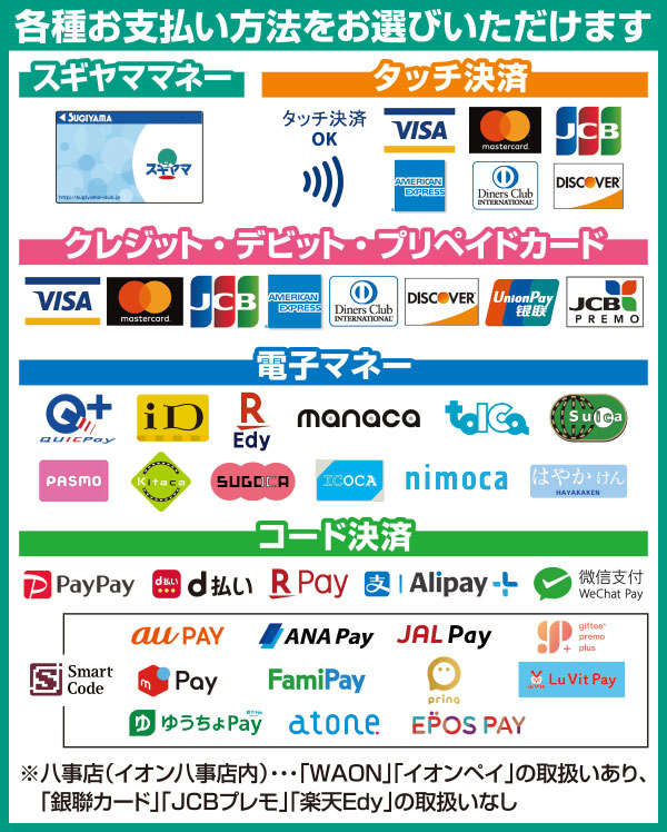 各種お支払い方法をお選びいただけます(スギヤママネー、タッチ決済、クレジットカード、電子マネー、コード決済)
