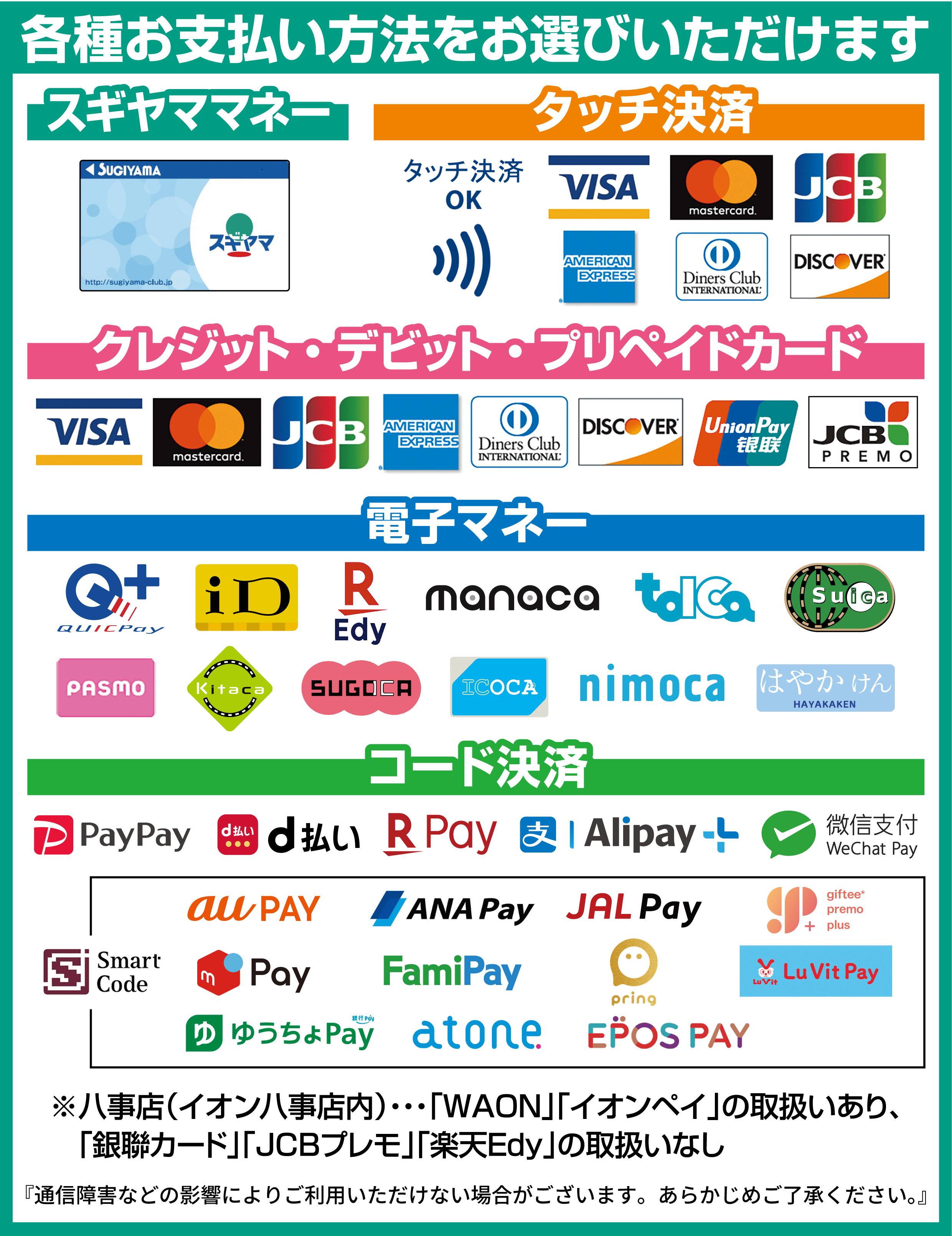 各種お支払い方法をお選びいただけます（スギヤママネー、タッチ決済、クレジットカード、電子マネー、コード決済）