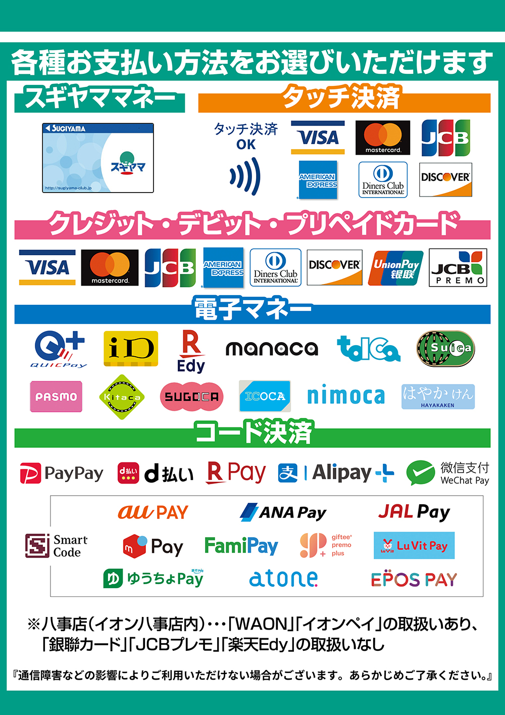 各種お支払い方法をお選びいただけます(スギヤママネー、タッチ決済、クレジットカード、電子マネー、コード決済)